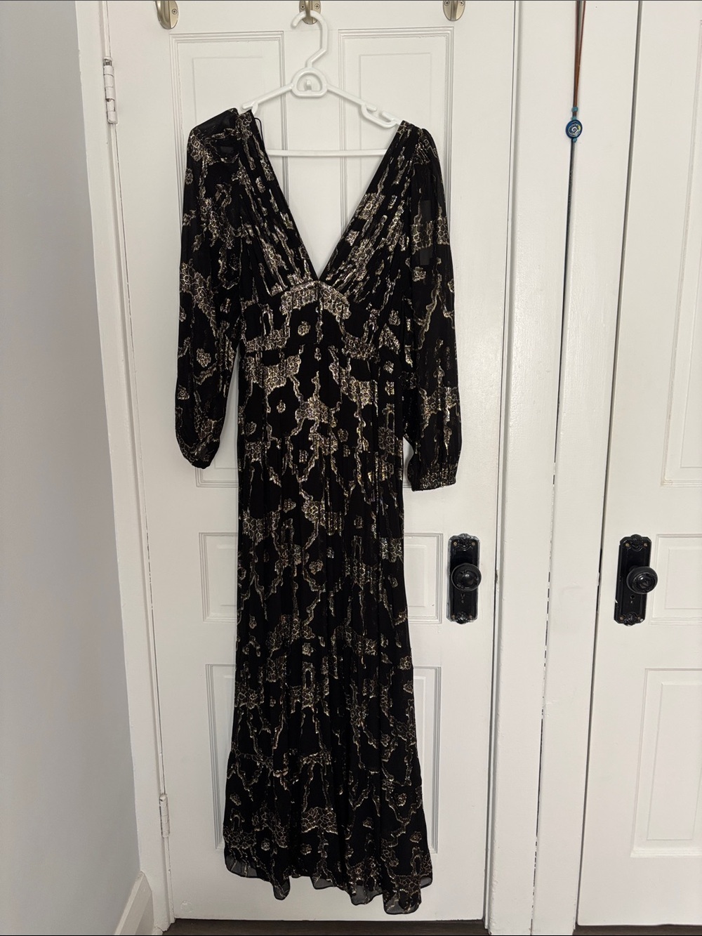 Ba&sh Dina dress. Black and Gold V-Neck Long Sleeve Maxi Dress